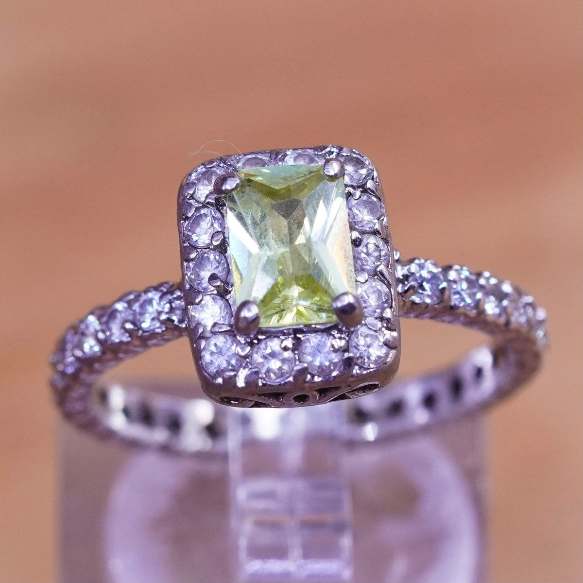 Size 7.5, vintage Sterling 925 silver handmade ring with peridot and cz