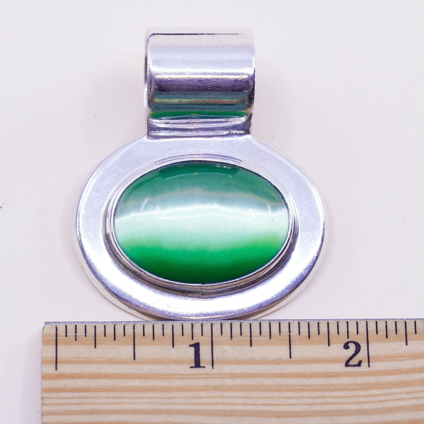 Vintage Mexico sterling 925 silver handmade huge pendant with green tiger eye