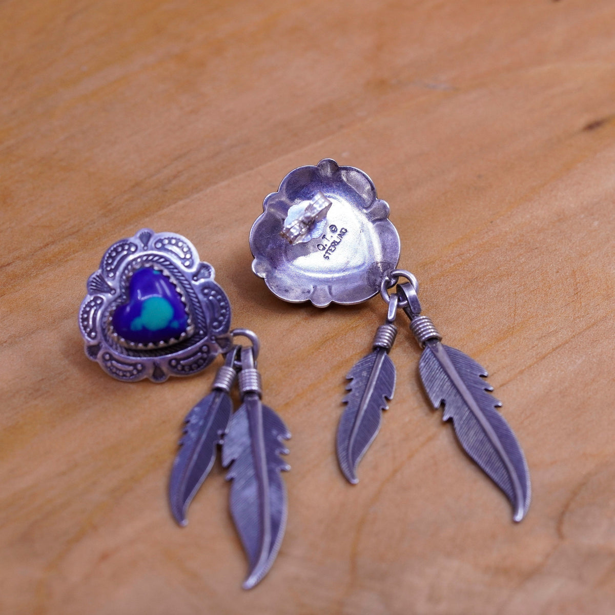 vtg Quoc Turquoise Q.T. Sterling Silver Handmade Earrings, 925 heart azurite
