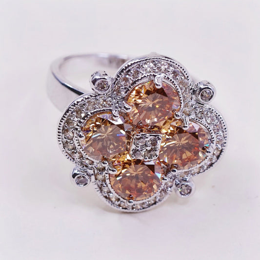 sz 8, vtg sterling 925 silver citrine flower ring, statement, cocktail ring