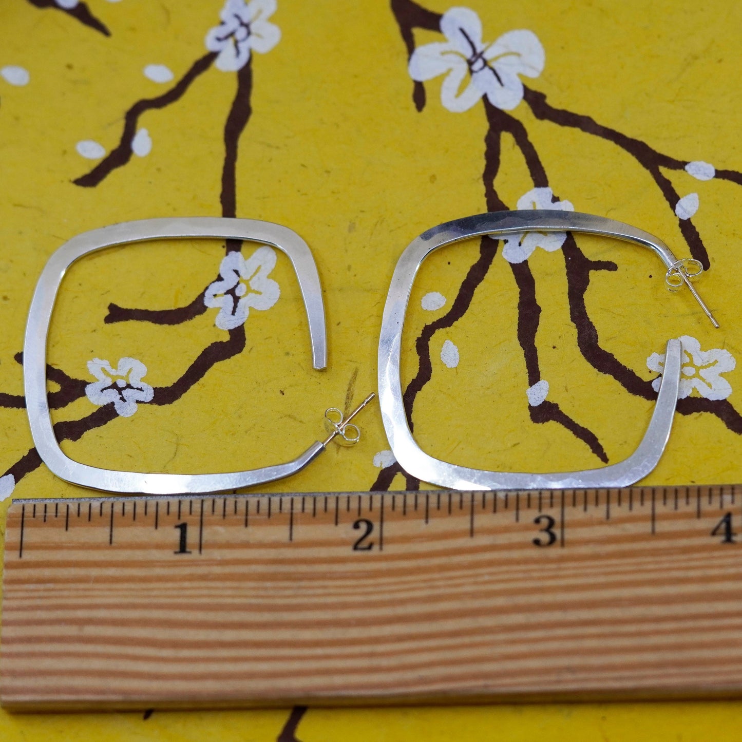 1.5”, 925 sterling silver earrings, hammered square hoops 14K yellow gold posts