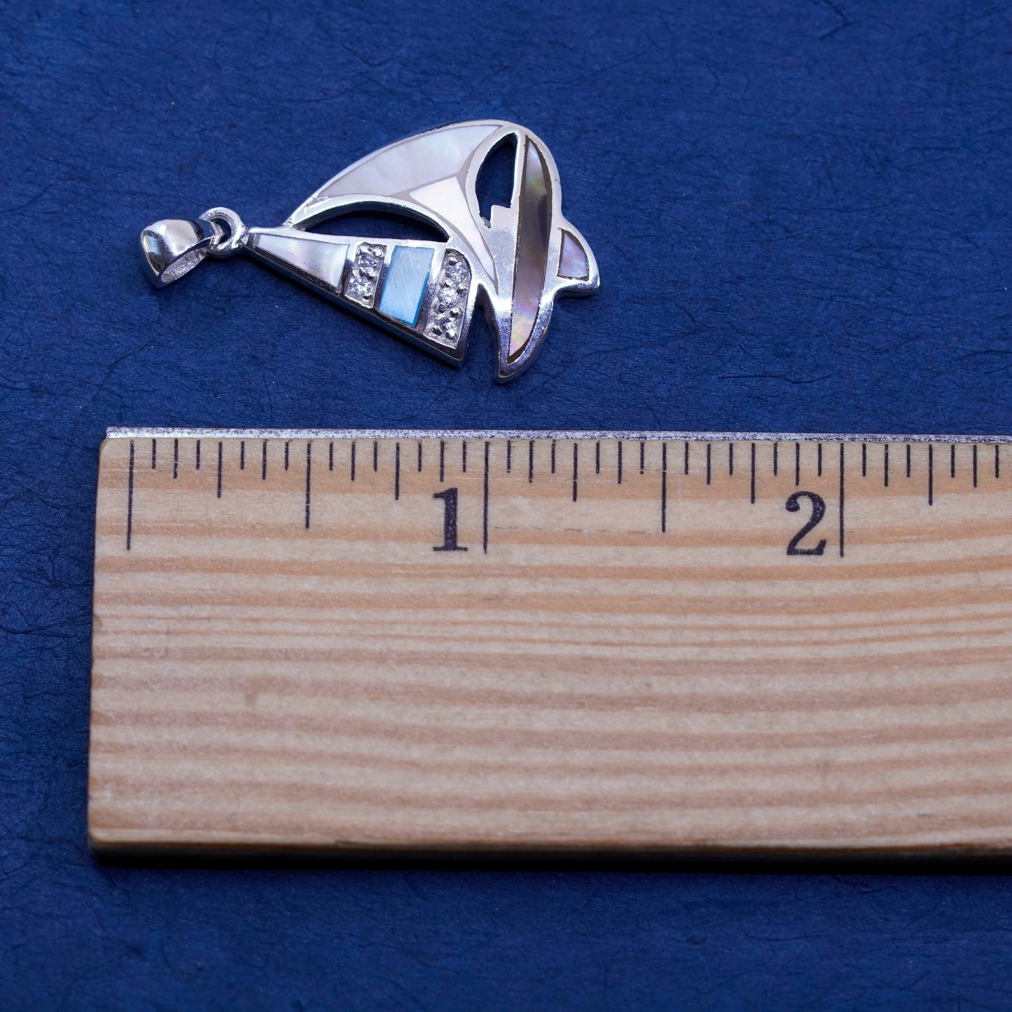 Vintage sterling silver handmade pendant, 925 sailing boat mother of pearl cz