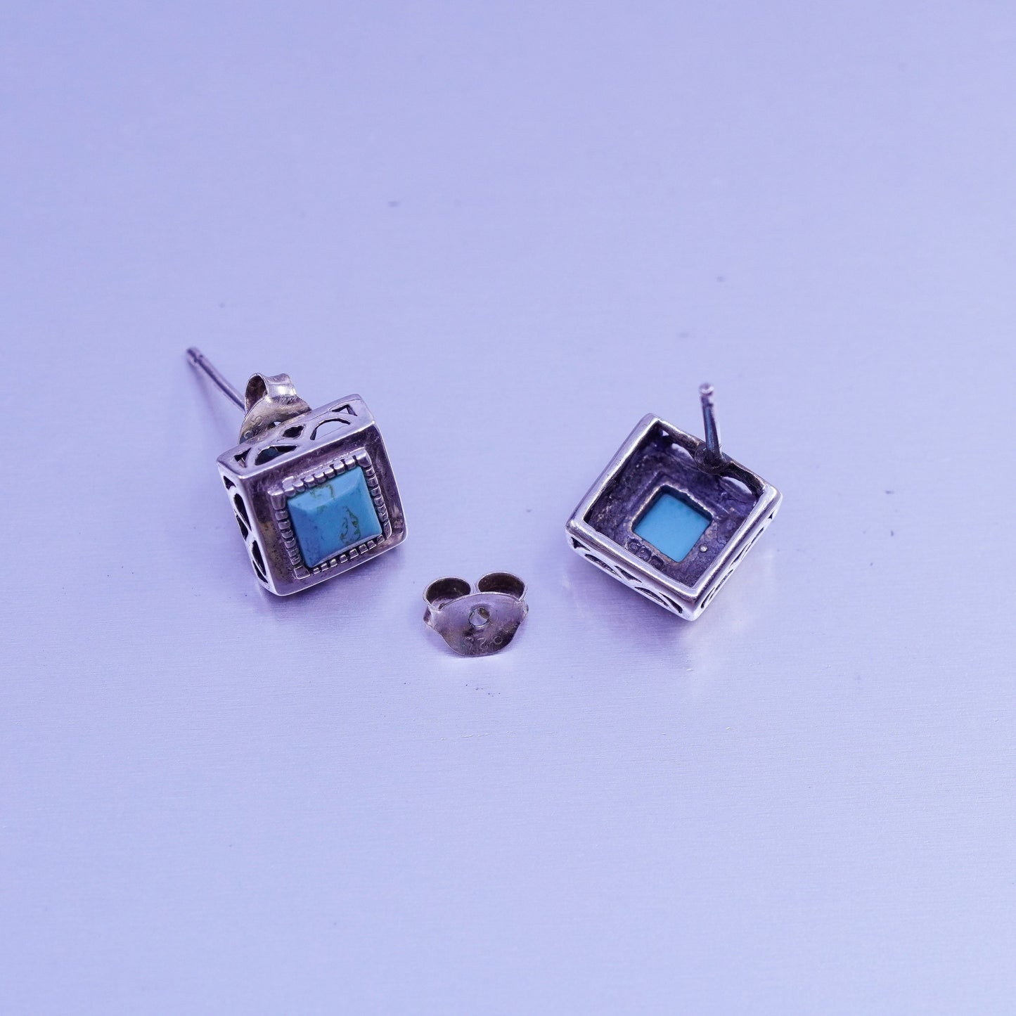 Vintage Sterling 925 silver handmade earrings, square studs with turquoise