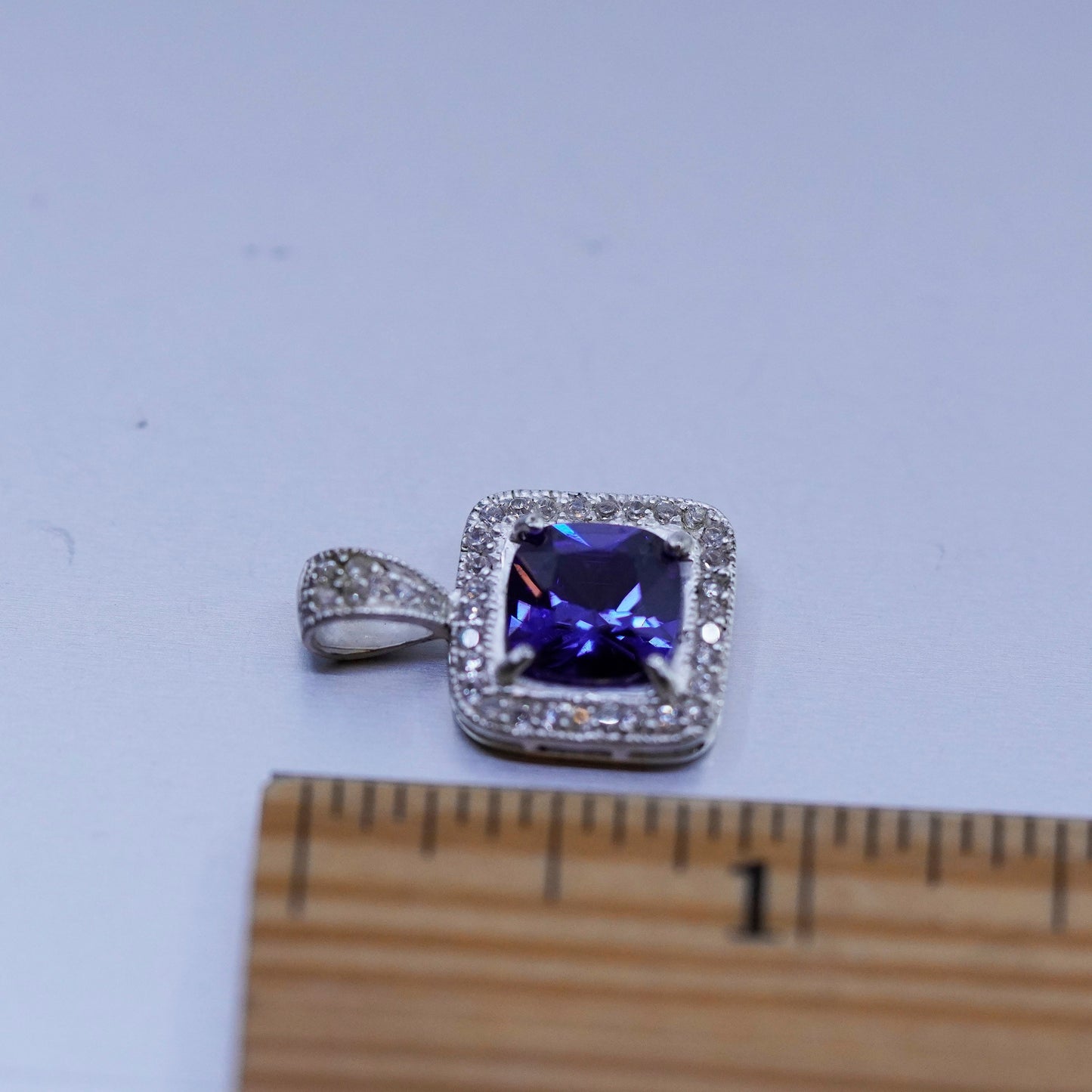 Vintage sterling 925 silver square pendant with amethyst and Cz