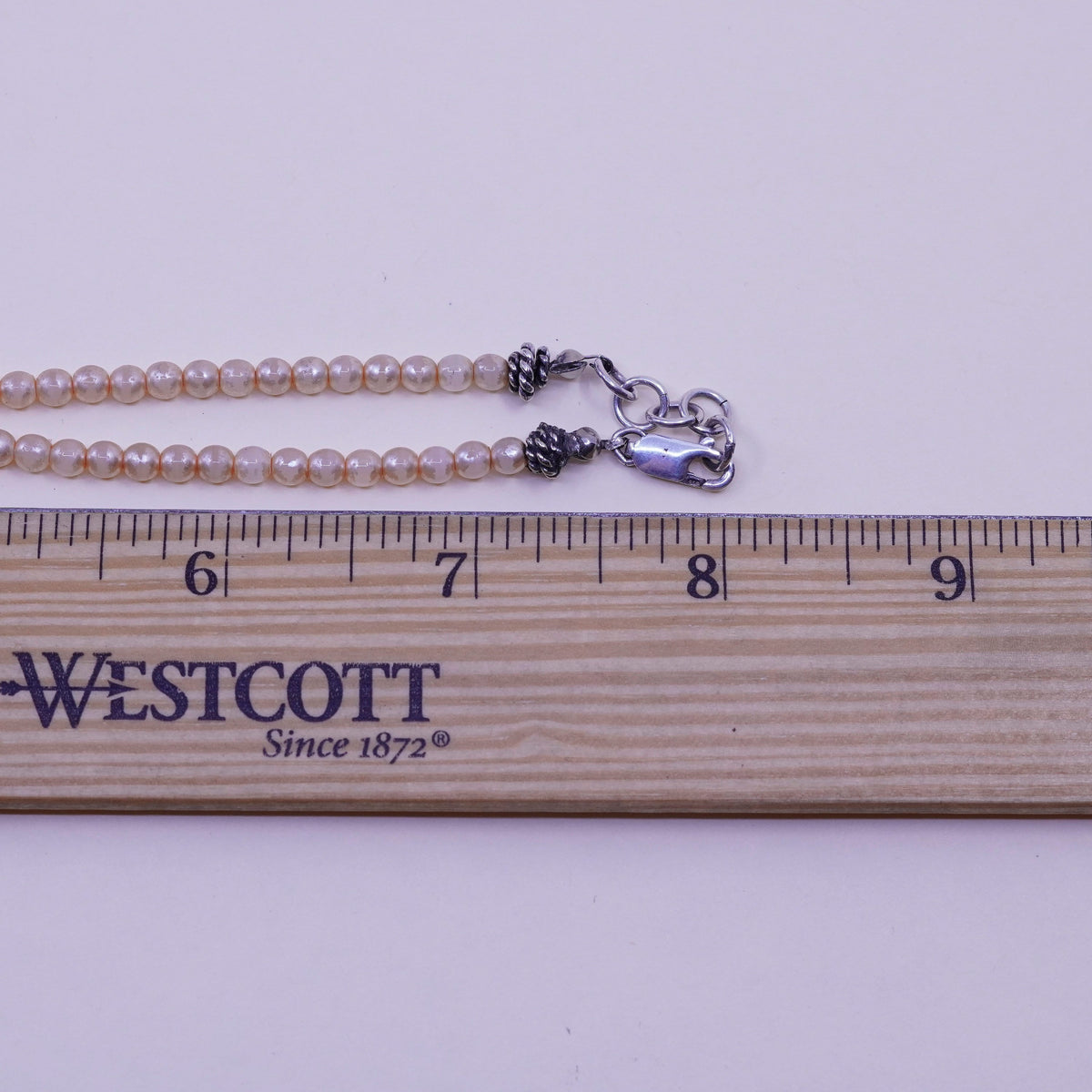16”, Vintage faux pearl beads necklace chain with sterling 925 silver clasp