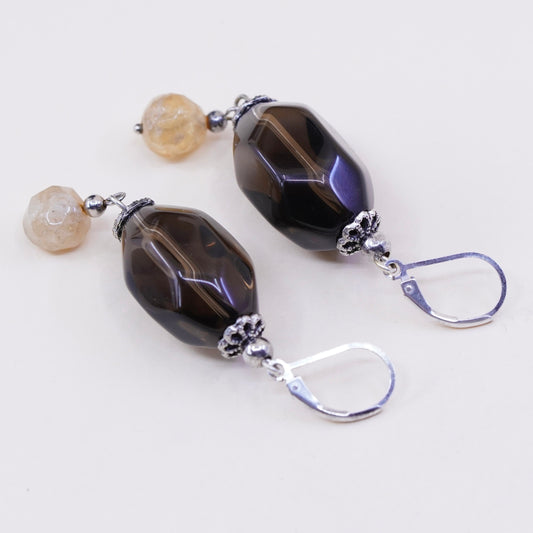 Vintage Sterling 925 silver handmade earrings with smoky topaz N citrine beads
