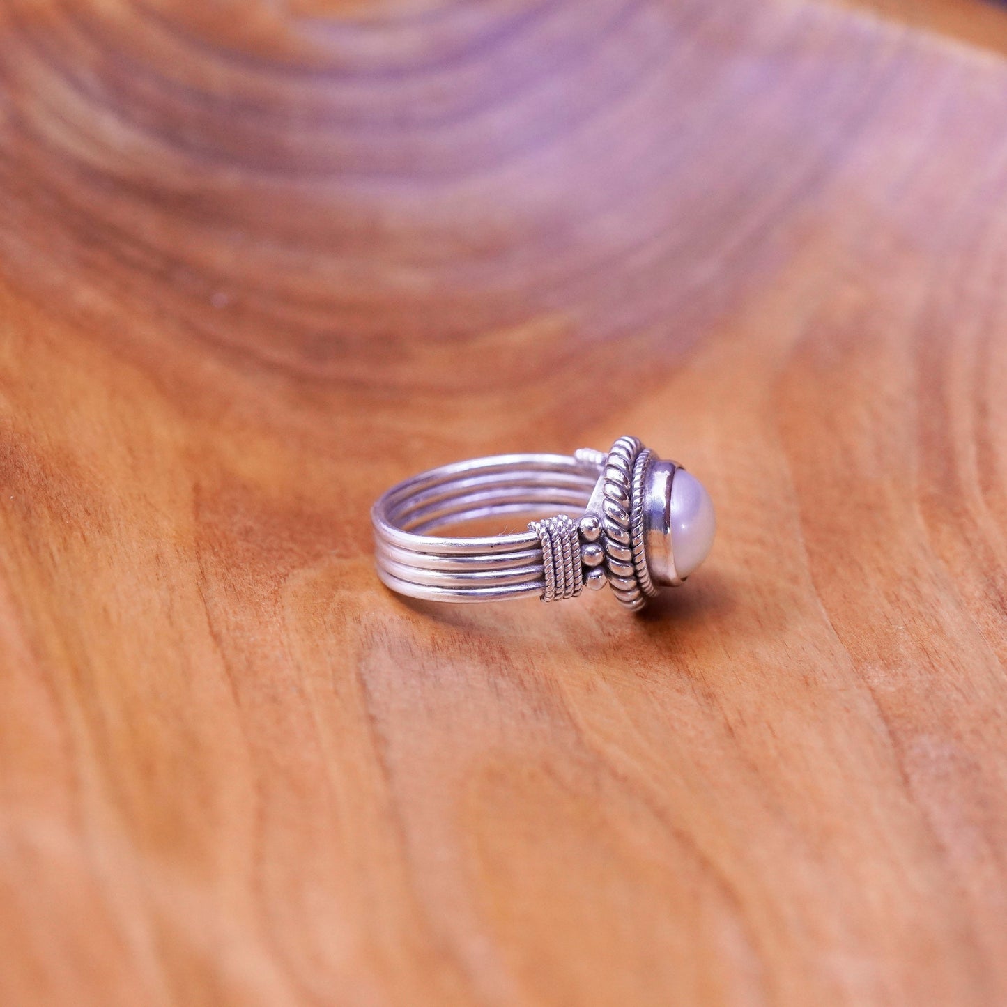Size 6.5, vintage Sterling 925 silver handmade Pearl Ring with beads and cable