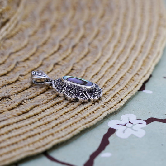 Vintage Sterling 925 silver handmade pendant with abalone and marcasite