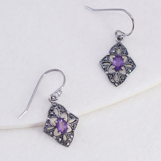 Vintage Sterling 925 silver diamond shaped earrings with amethyst and Marcasite