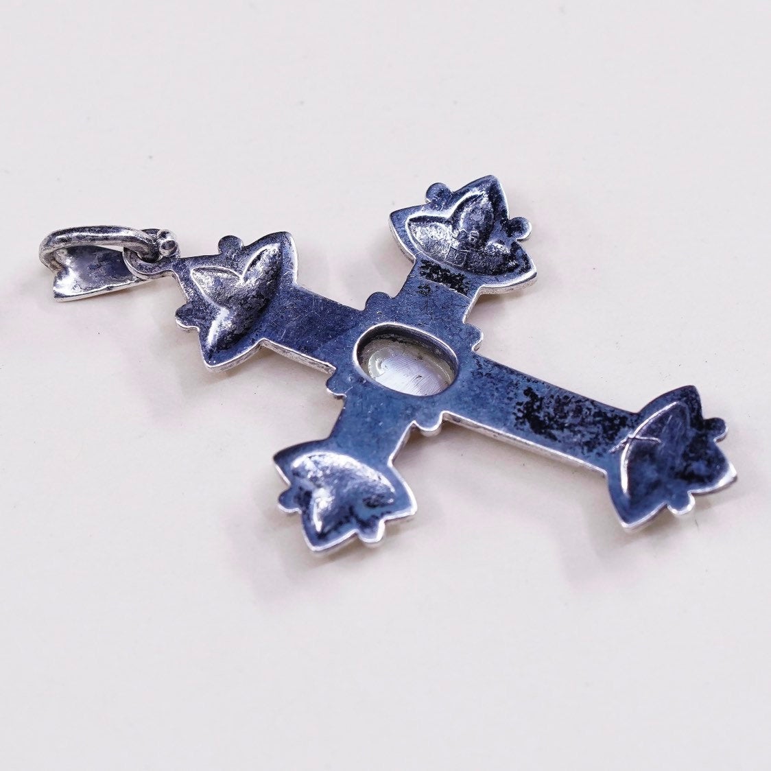 vtg handmade sterling silver cross, 925 with marcasite and mother of pearl