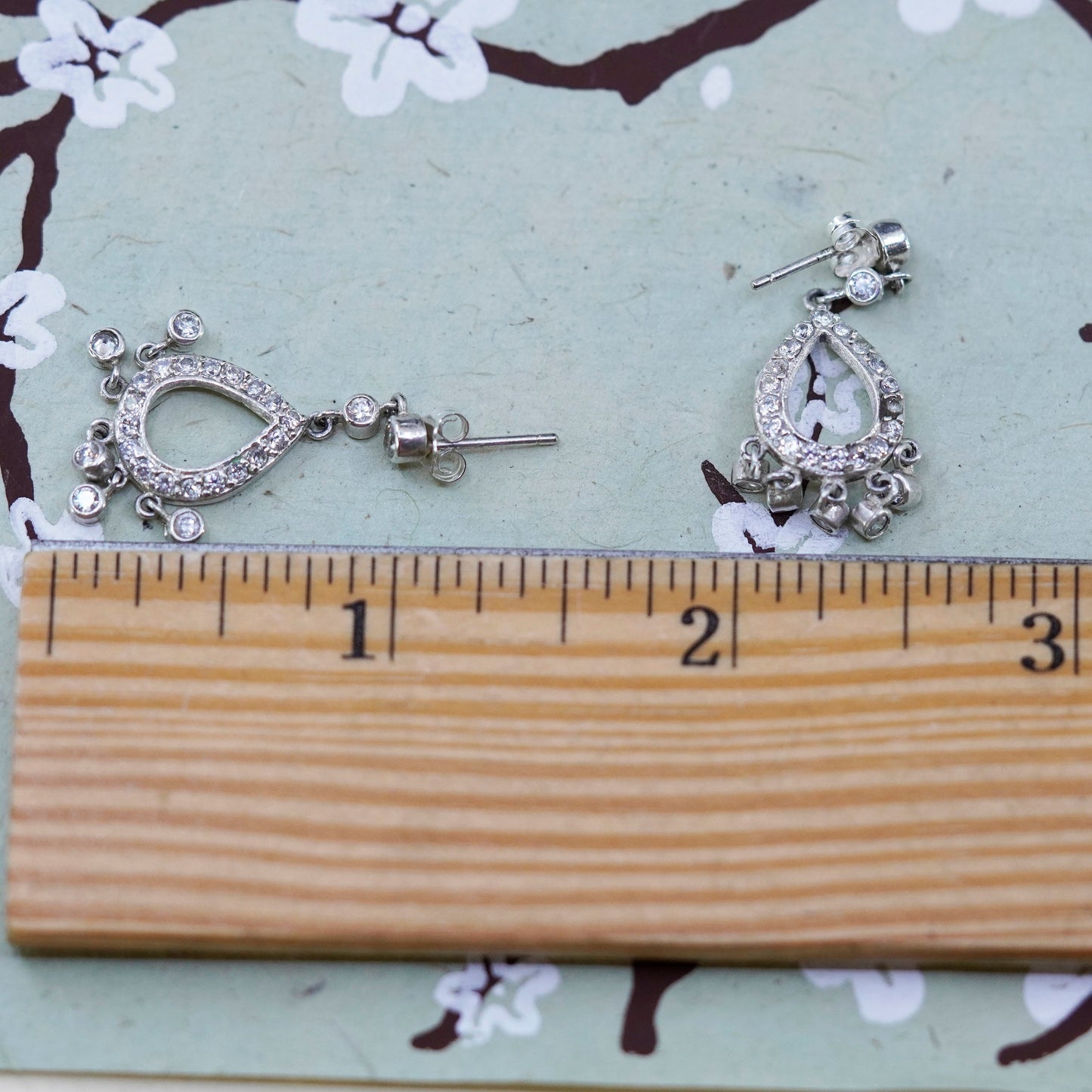 Vintage Sterling silver handmade earrings, 925 teardrop drops with cz around