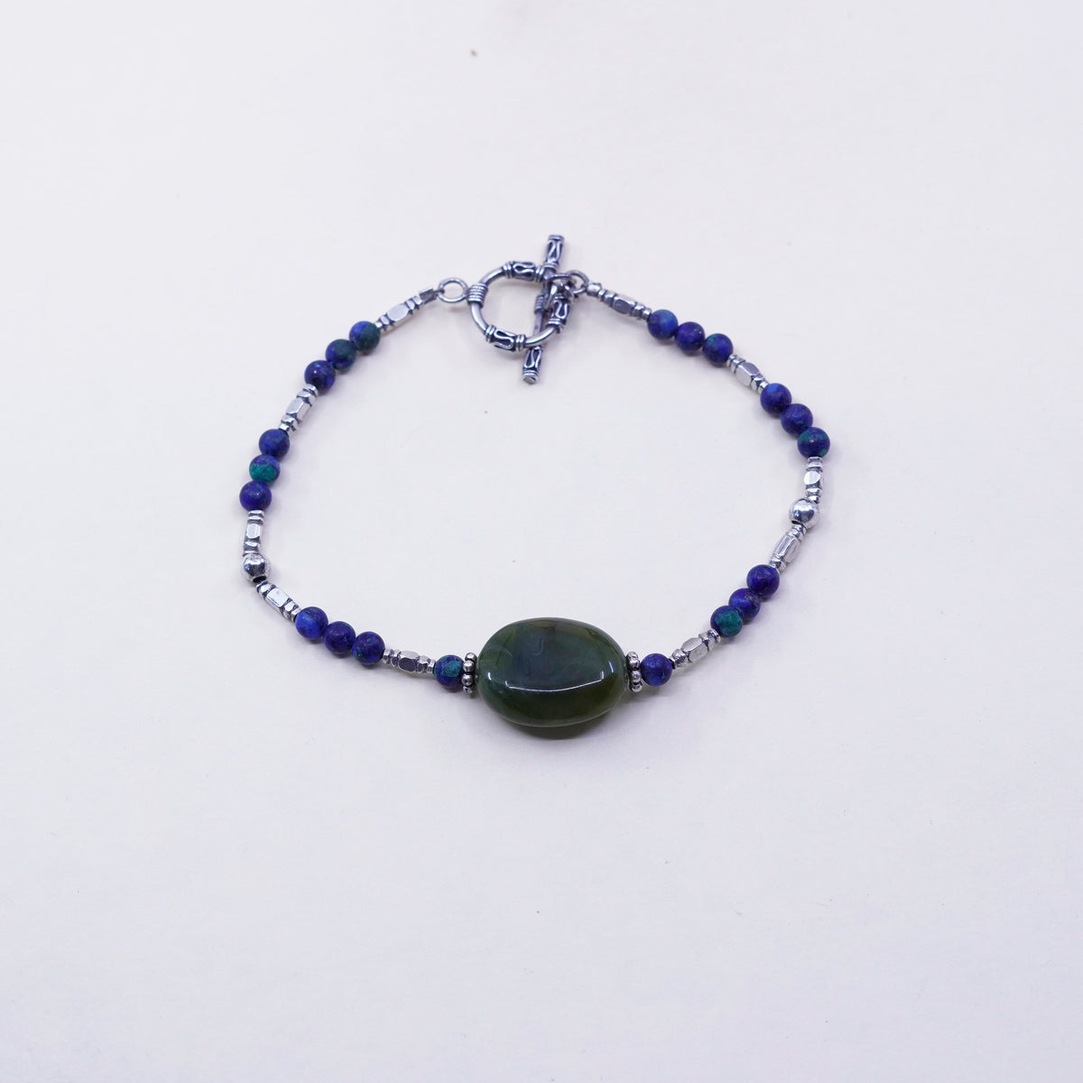 7.75”, vtg handmade bracelet, azurite malachite beads chain sterling 925 silver
