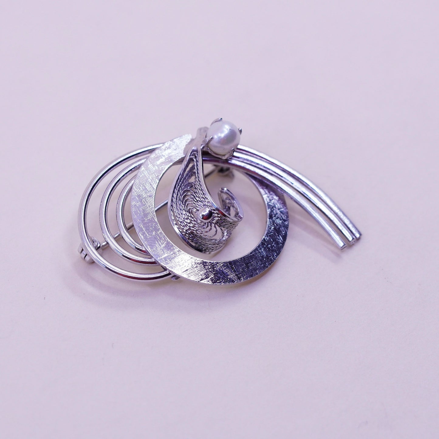 1950s vintage Sterling silver handmade brooch, 925 filigree brooch with pearl