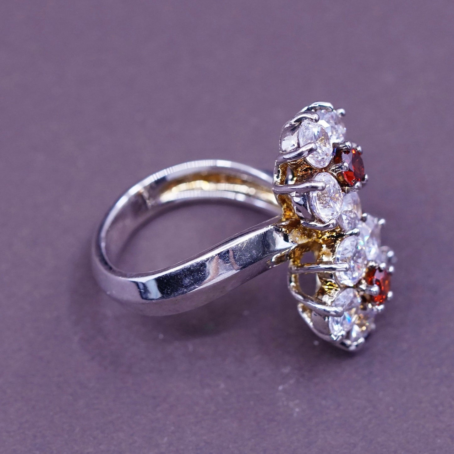 Size 6.75, vtg Sterling 925 silver handmade ring with crystal flower and ruby