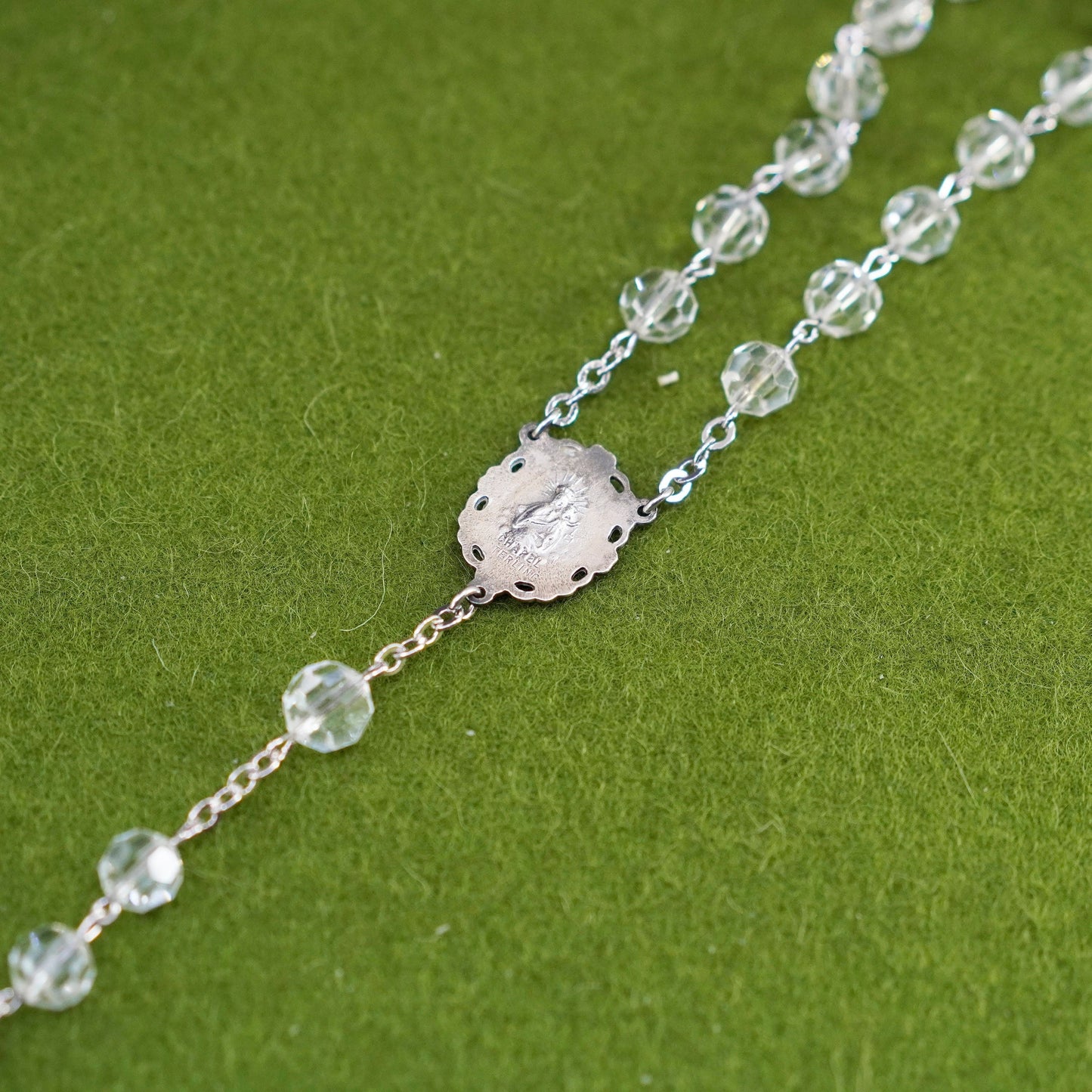 28”, Chapel sterling 925 silver rosary necklace w/ cross pendant crystal beads