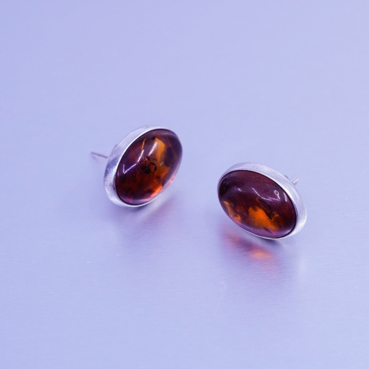 Vintage Sterling 925 silver handmade earrings, studs with oval Amber