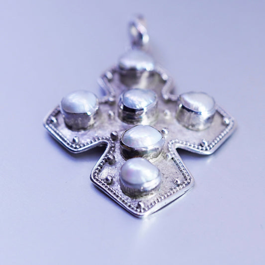 Vintage sterling 925 silver handmade textured cross pendant with pearl