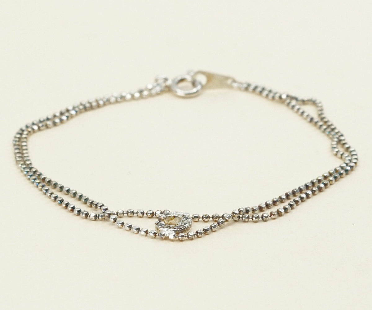 7", 1mm, vtg silver bracelet, 925 double strands beads w/ C N crystal