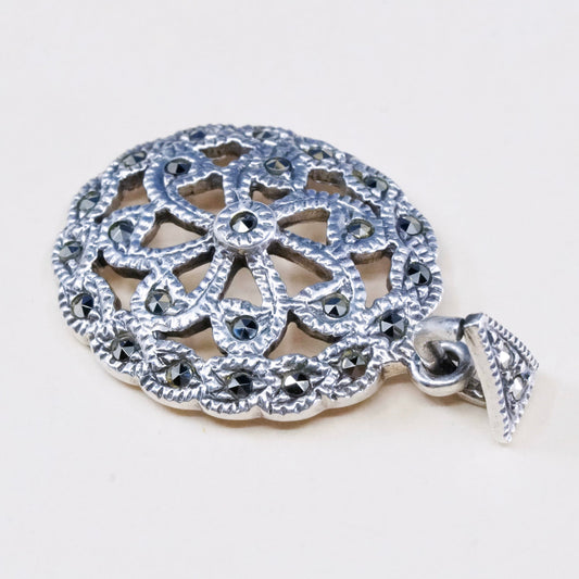 vintage sterling silver handmade pendant, Mexico 925 w/ marcasite oval pendant