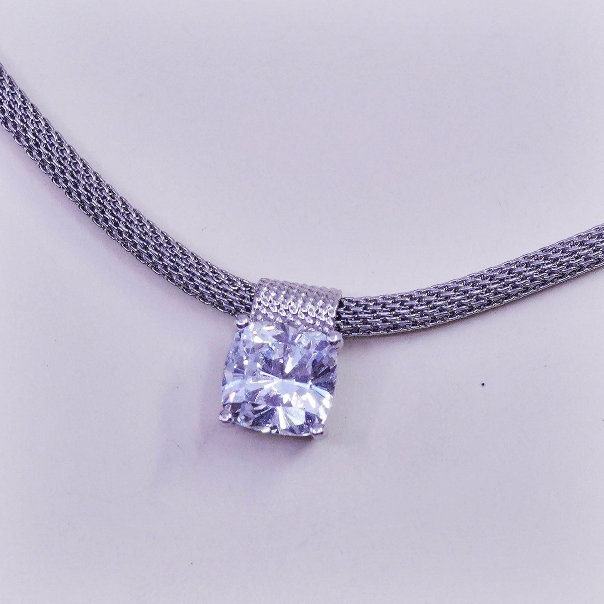 16”, vintage Italy Sterling silver necklace, 925 mesh chain with cz pendant