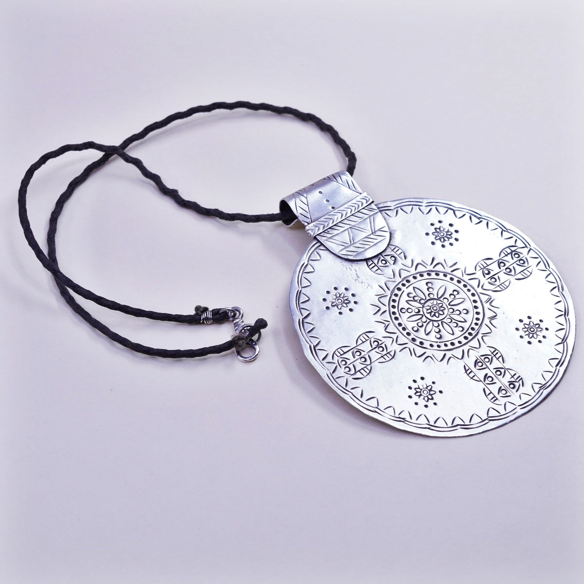 16”, Vintage sterling silver handmade necklace, 925 round pendant linen thread