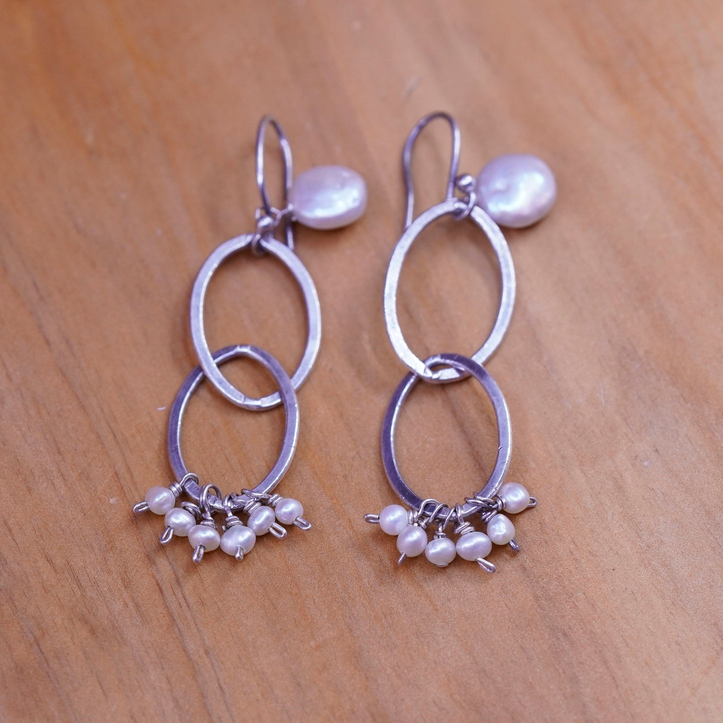 Vintage Sterling 925 silver handmade oval earrings with cluster pearl