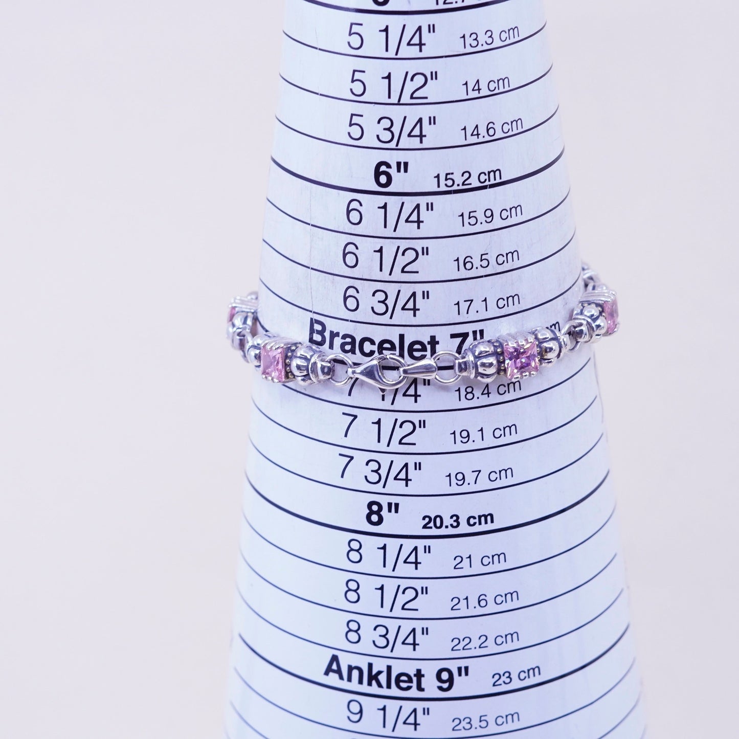 7”, Vintage Sterling 925 silver ribbed bracelet with pink crystals