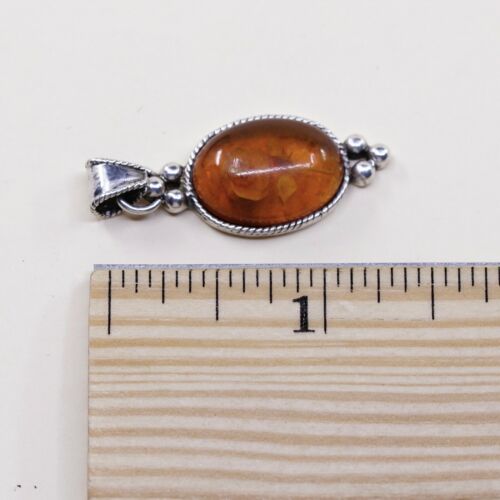 Vtg Sterling 925 Silver Handmade Beads Unique Amber Engraved Flower Pensant