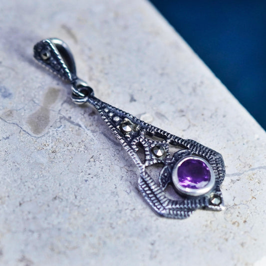 Vintage sterling 925 silver handmade pendant with amethyst and marcasite