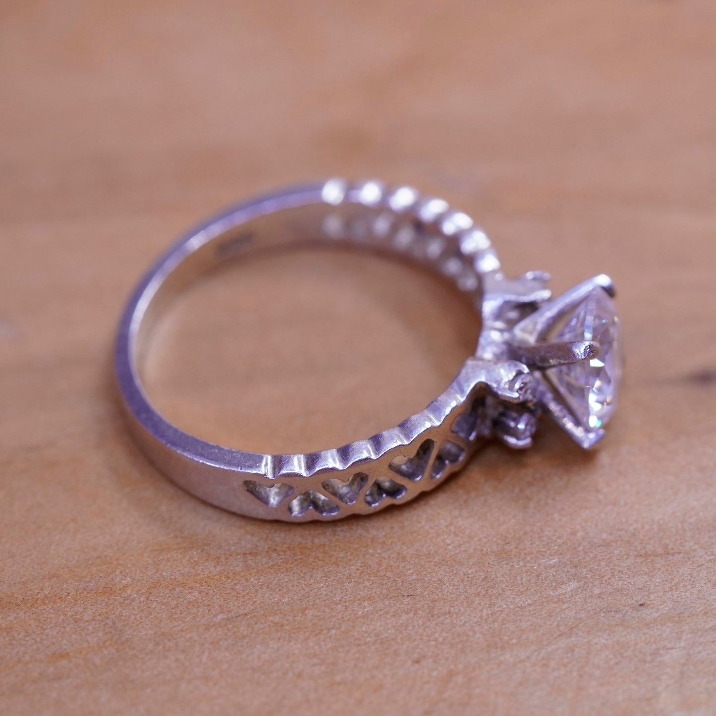 Size 7.25, vintage Sterling silver handmade ring, 925 engagement heart band cz