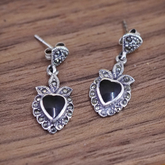 Vintage Sterling 925 silver handmade earrings with heart obsidian and marcasite