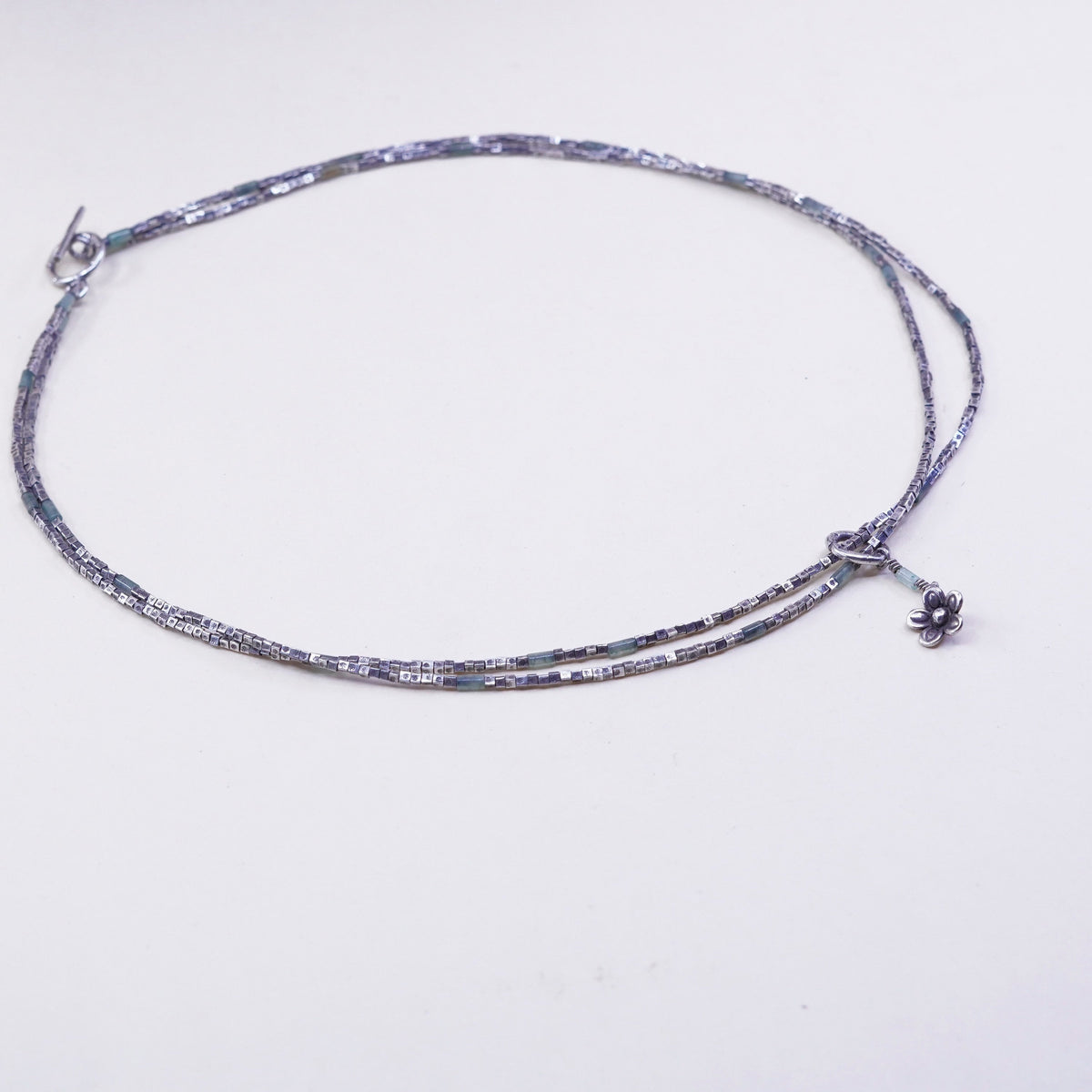 18”, Sterling silver double strands necklace 925 nugget chain w/ flower pendant