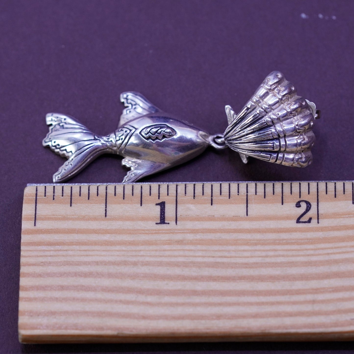 Vintage sterling silver handmade earrings, 925 shell studs with fish drops