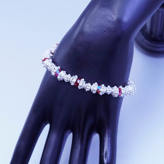 7”, vintage Nepal handmade Sterling 925 silver bracelet with red rhinestone