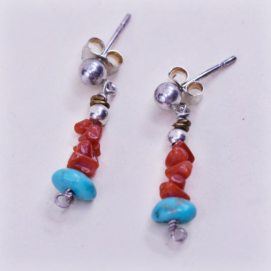 Vintage Sterling 925 silver handmade earrings with turquoise and coral beads