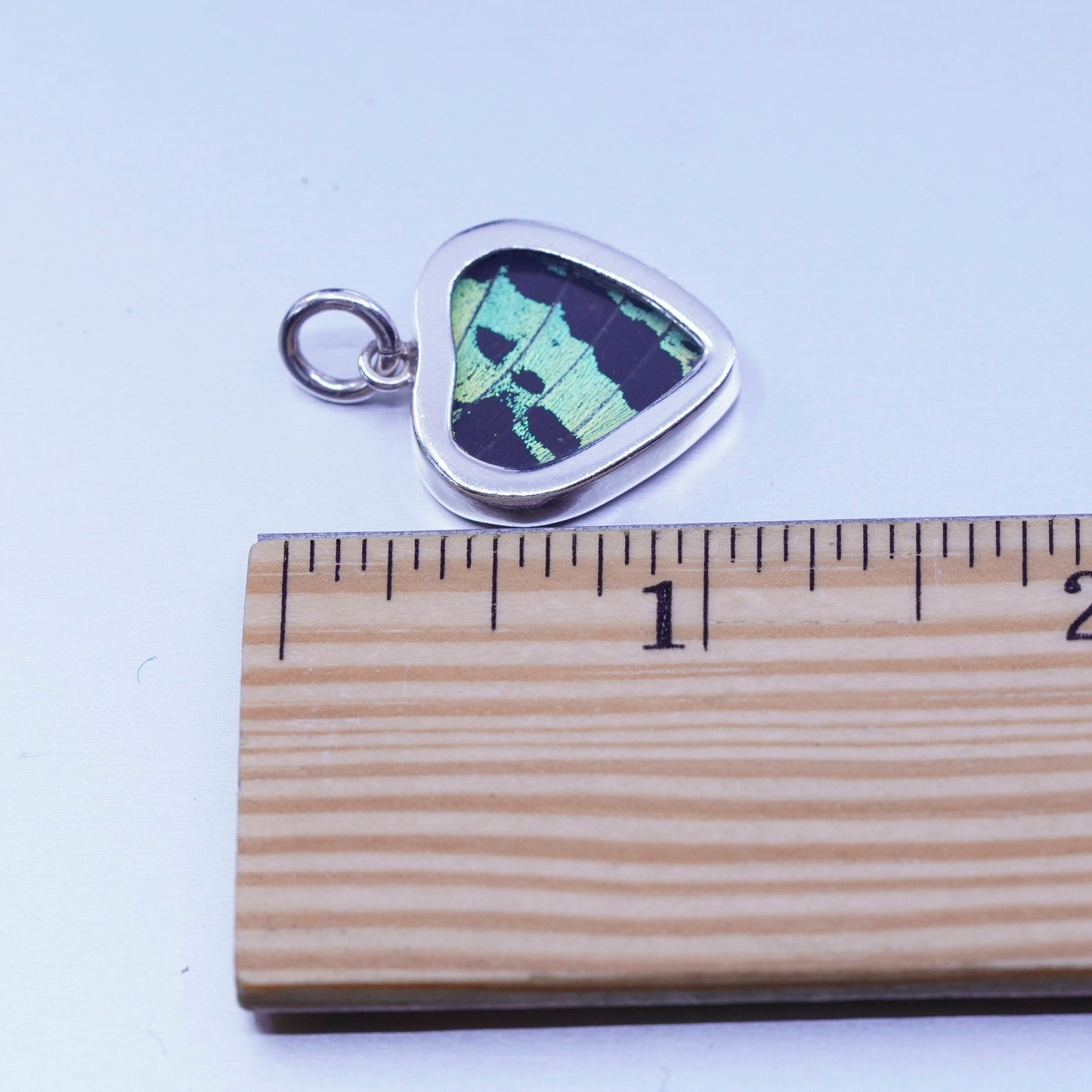 antique sterling 925 silver resin heart double sided pendant w/ butterfly wing