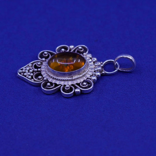 Vintage Sterling 925 silver handmade pendant with amber and beads