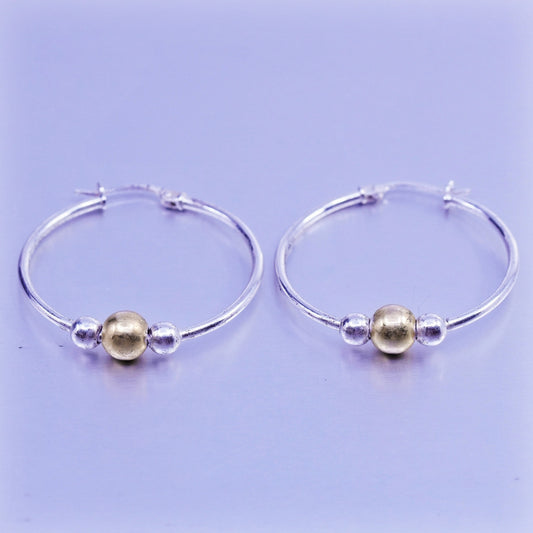 1.25”, VTG Italy two tone Sterling silver handmade earrings, 925 hoops beads