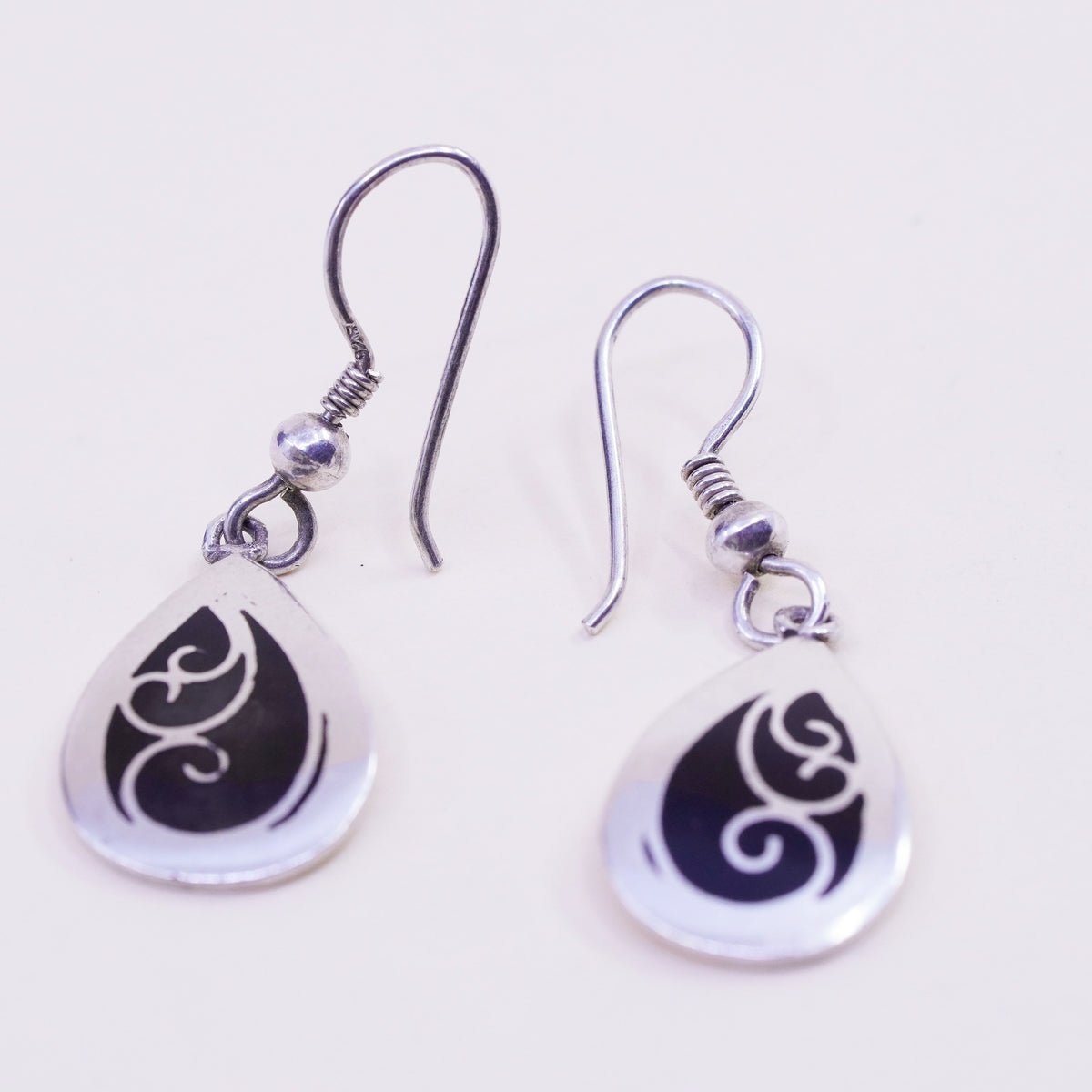 Vintage Sterling silver handmade earrings, 925 teardrop drops with enamel