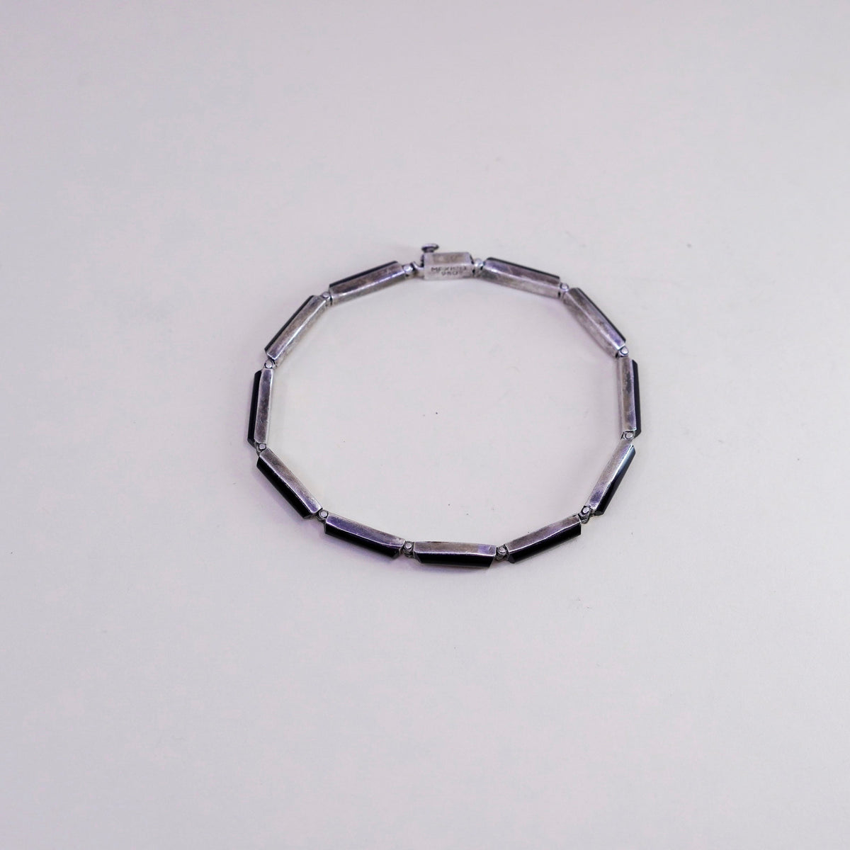 6.75”, Vintage mexico escocia Sterling 950 silver handmade bar bracelet onyx