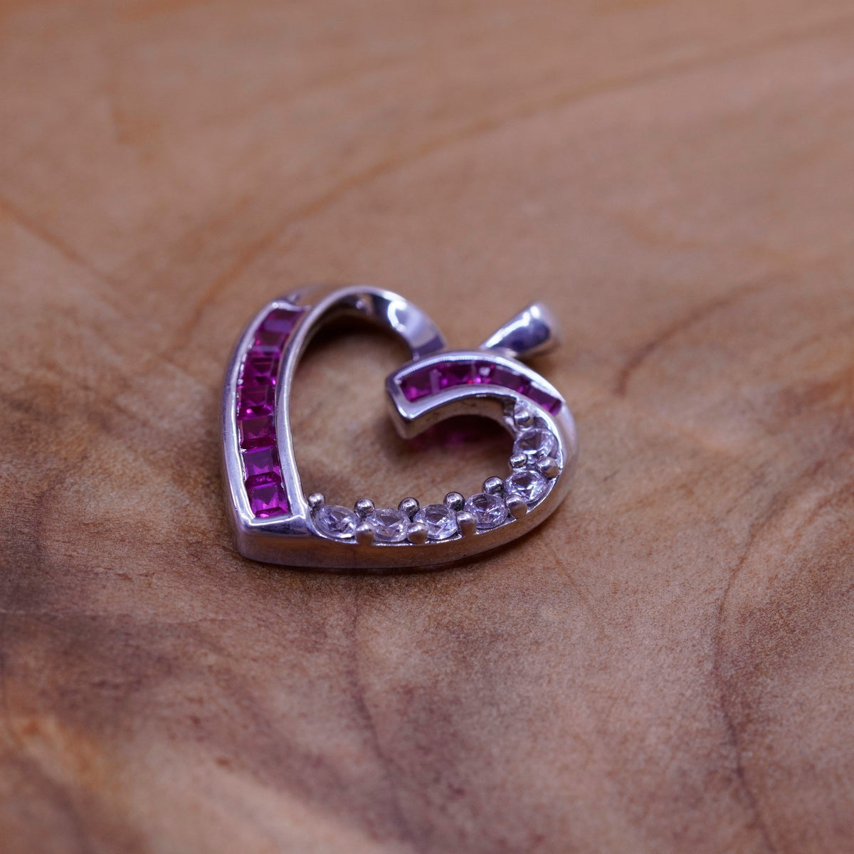 Vintage Sterling 925 silver heart pendant with pink Cz
