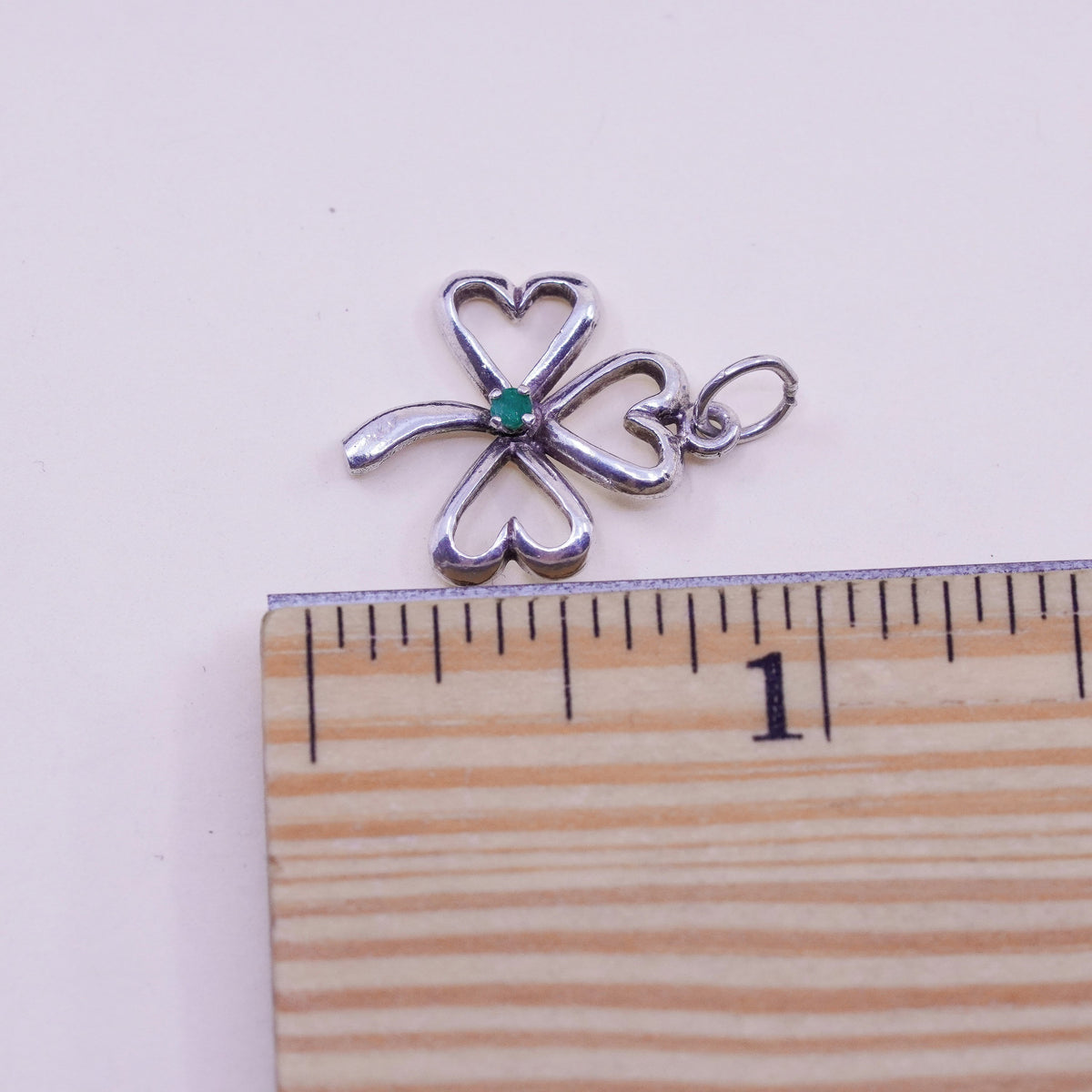 Vintage sterling silver handmade pendant, textured 925 clover with emerald
