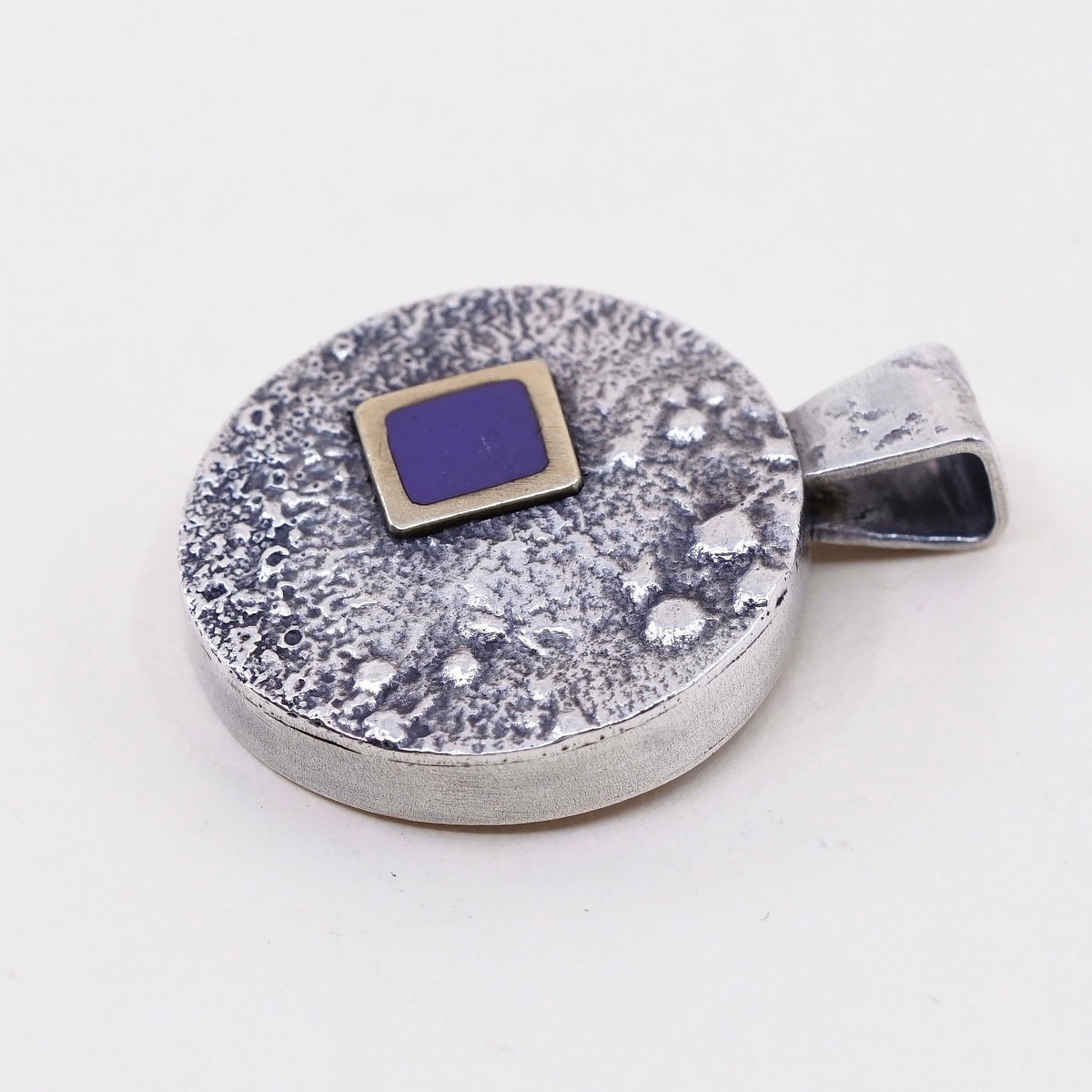 vtg 14K gold accent w/ sterling silver handmade textured pendant with purple
