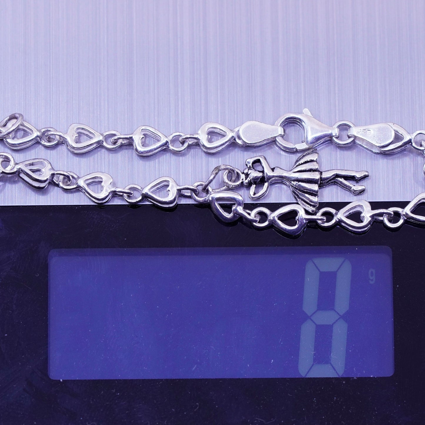 7”, Vintage sterling silver bracelet, 925 heart chain w/ girl ballerina dancer