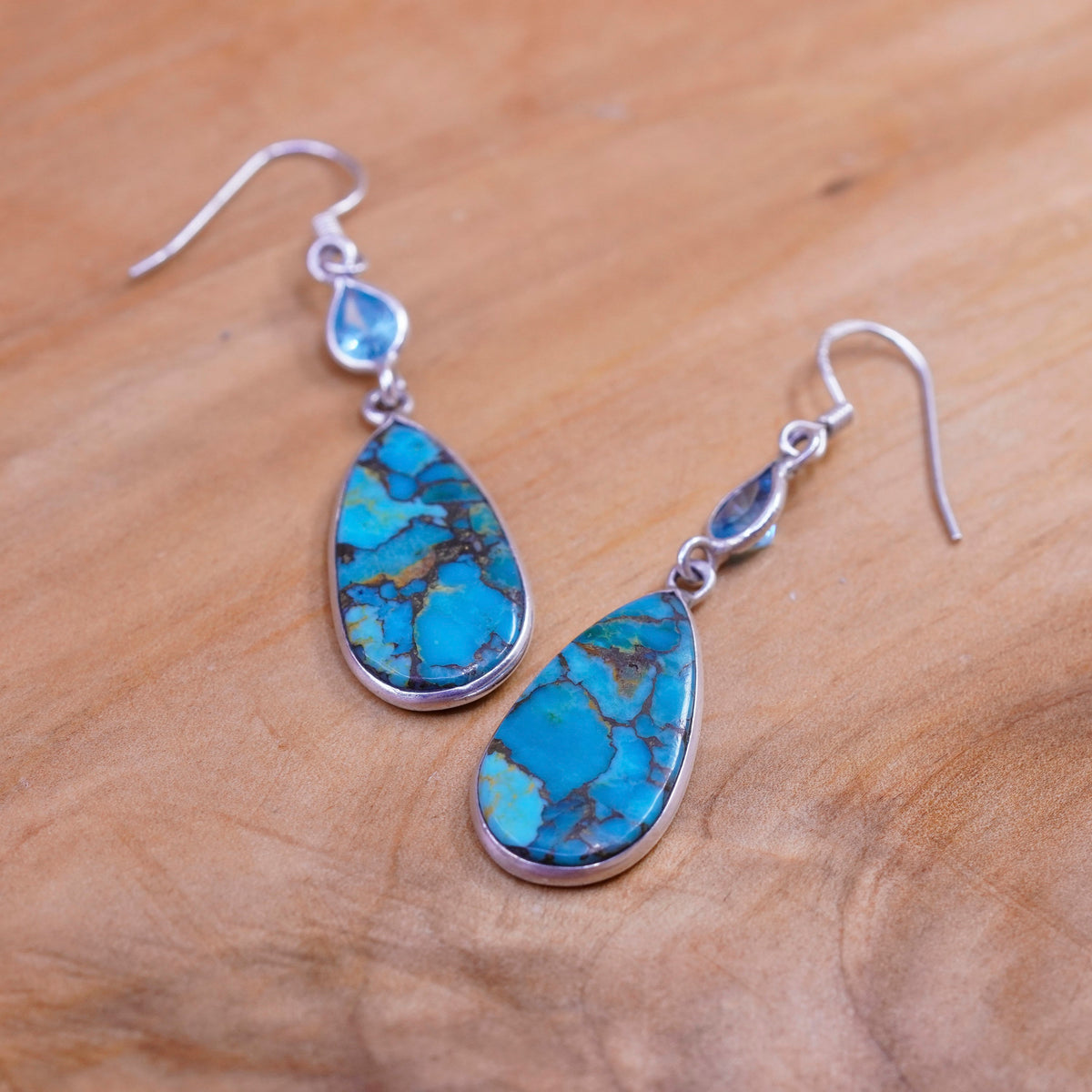 Vintage Sterling 925 silver handmade teardrop earrings with turquoise and topaz