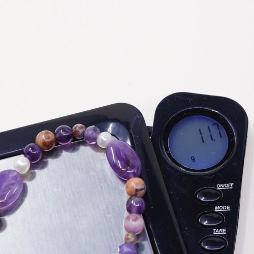 7”, Vtg Amethyst Elastic Bracelet W/ Pearl Beads N Sterling 925 Music Symbol
