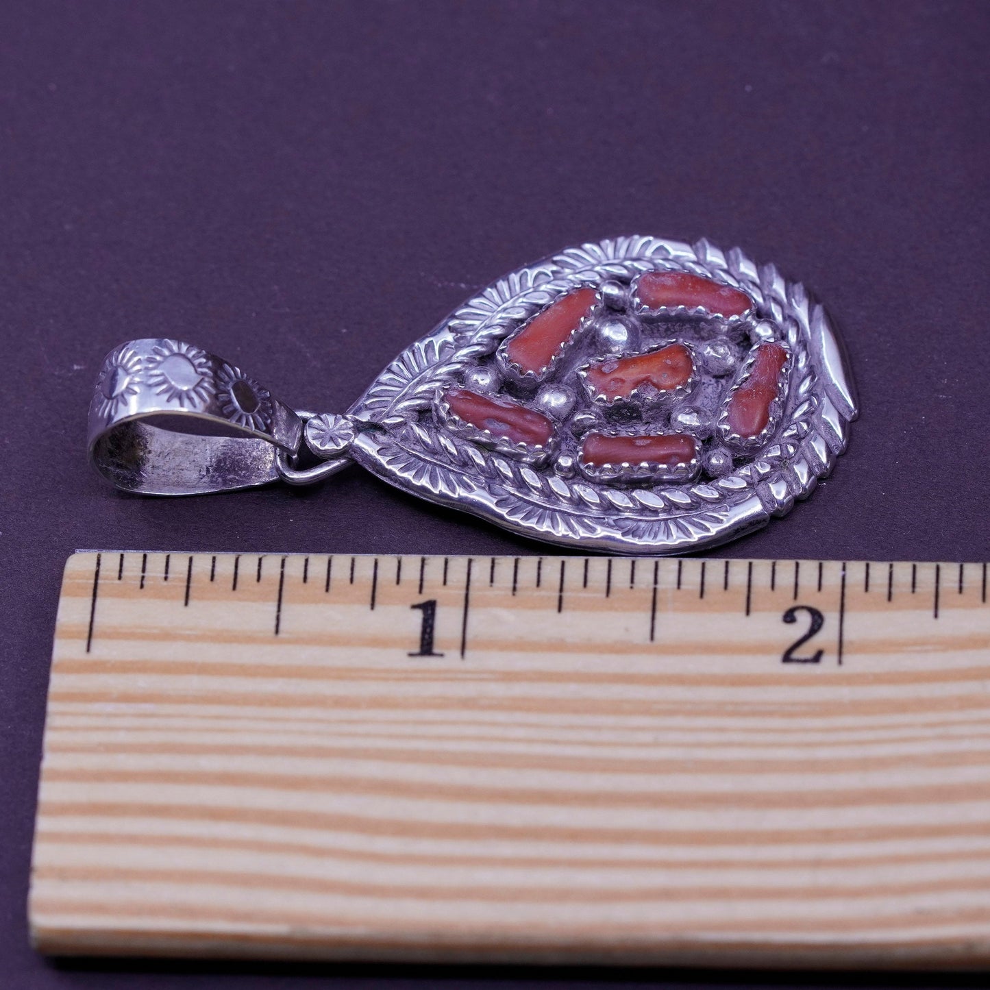 Native American sterling 925 silver teardrop pendent coral, southwestern Navajo