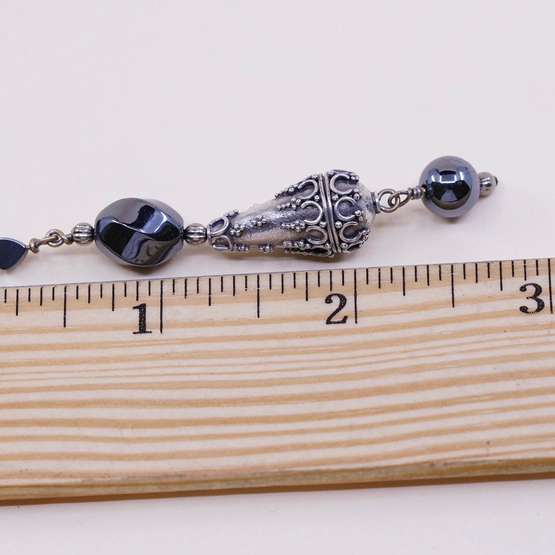 VTG Bali sterling silver handmade pendant, 925 teardrop charm w/ hematite