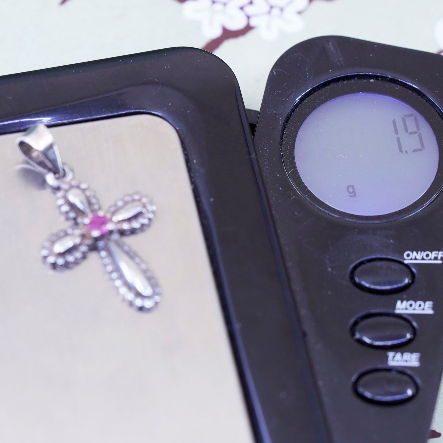 Vintage Sterling silver handmade pendant, 925 cross with ruby beads, Christian