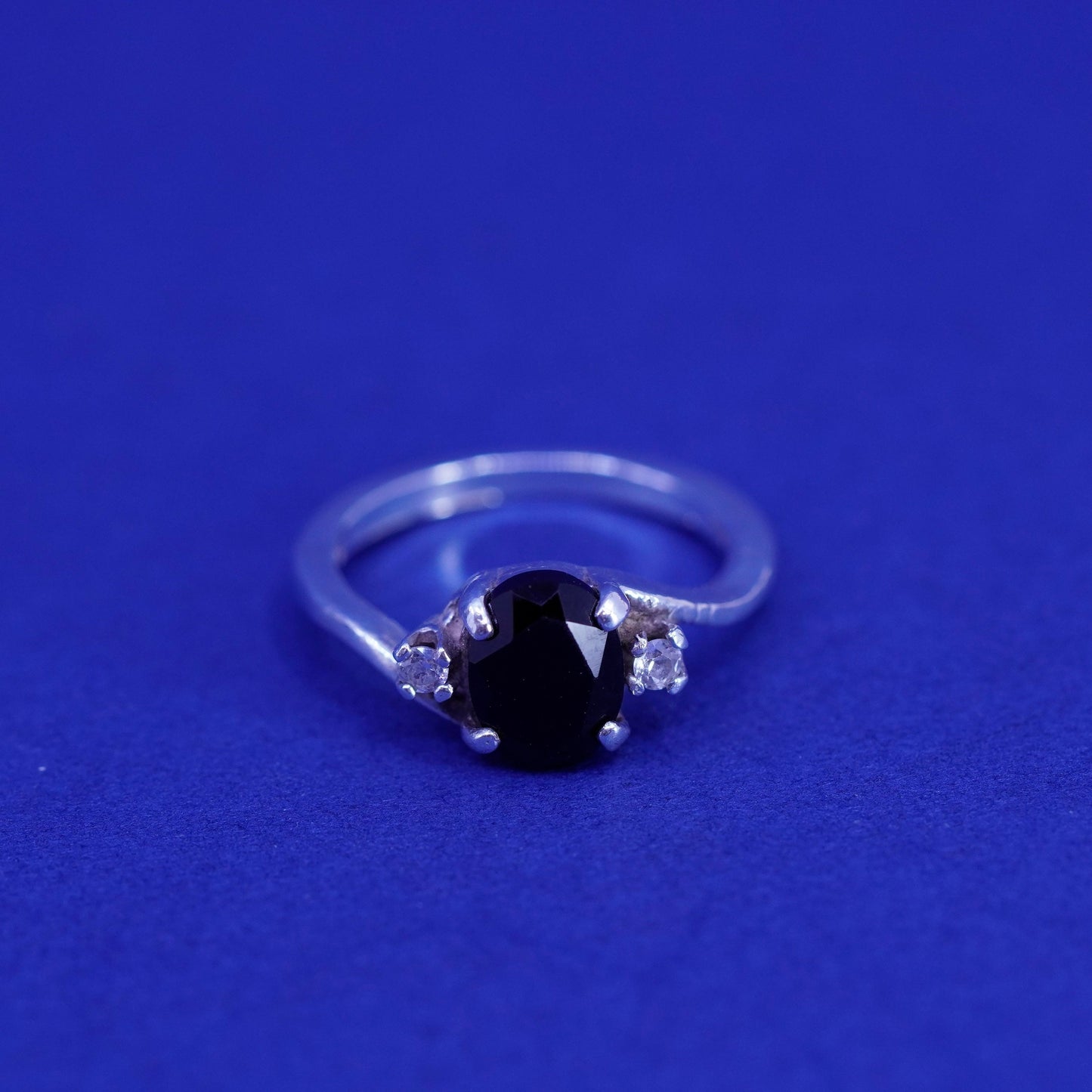 Size 4.75, vintage Sterling 925 silver handmade ring with sapphire and cz